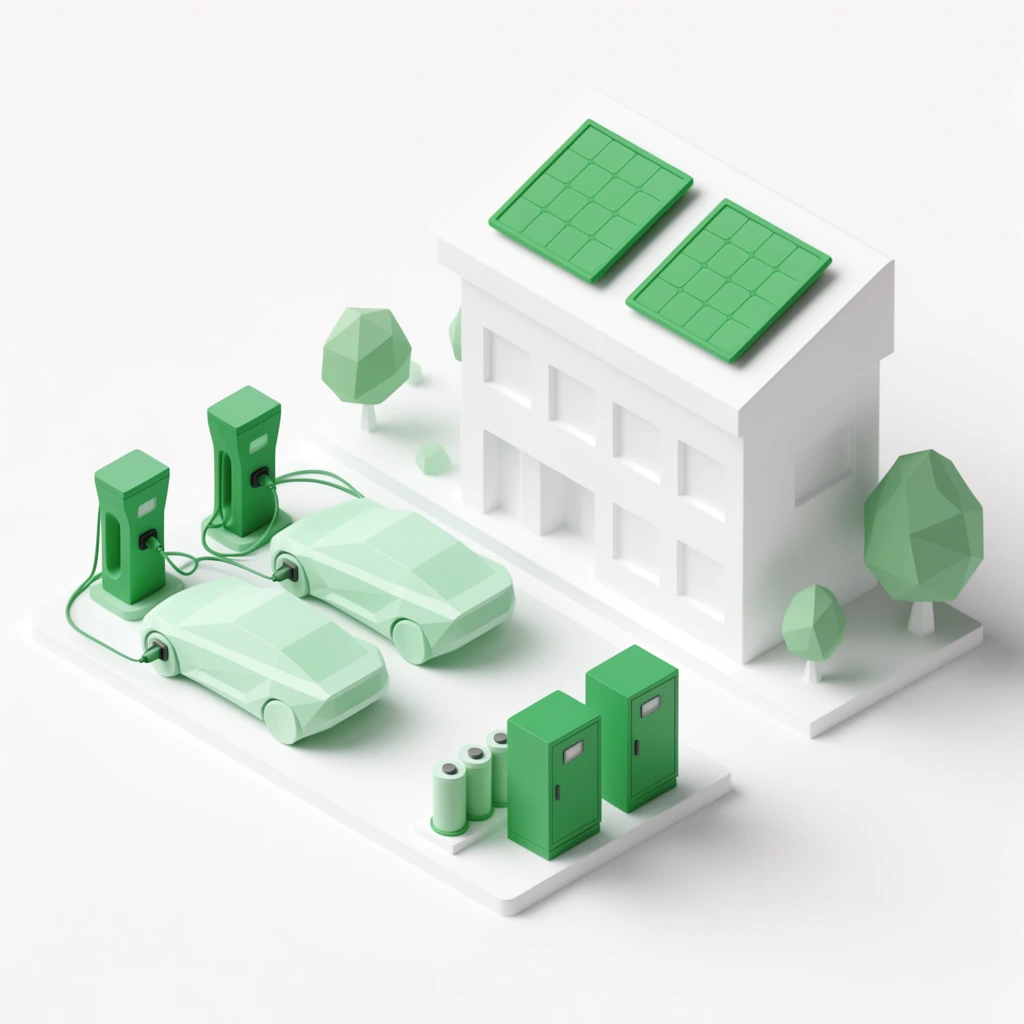 A minimalist 3D isometric rendering of a sustainable energy complex in a strict white and vibrant green palette. A multi-story white building features recessed windows and two large green solar panels on its angled roof. On an adjacent white platform, two angular, low-poly mint-green cars connect to emerald charging stations with sweeping cables. A foreground base holds two tall green equipment cabinets and cylindrical batteries. Geometric low-poly trees accent the pristine scene. The untextured matte models feature soft, diffuse lighting and gentle drop shadows against an infinite white background.