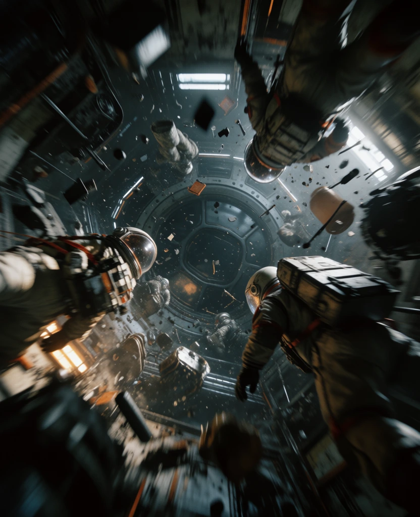 low-angle extreme worm's-eye perspective, distorted wide-angle lens, harsh flash-lit aesthetic with high contrast, astronauts scrambling in zero-gravity framing the upper edges, floating debris and tools spinning in the immediate foreground, strobing red emergency lights against cold blue metallic walls, bulkheads slamming shut over a large cracked viewport, earth rotating in the background, saturated colors, gritty cinematic texture, intense motion and chaotic atmosphere.
