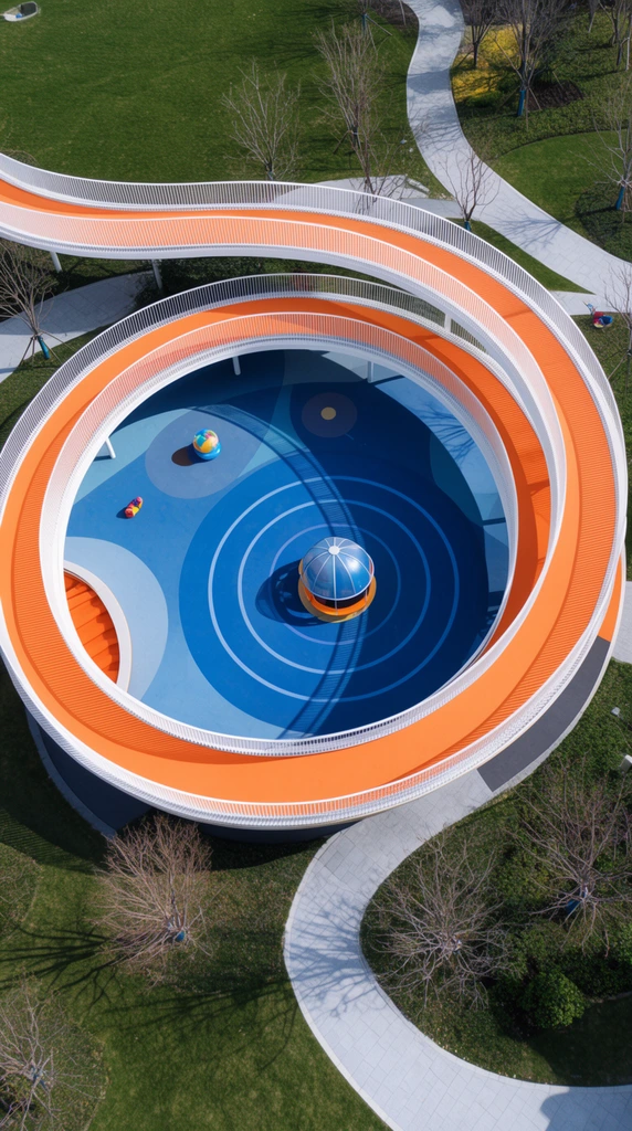 aerial view of an orange spiraling elevated walkway with white railings, sunken blue circular playground with planetary patterns, small play dome, surrounding green lawns, bare trees, modern landscape architecture, vibrant high contrast
