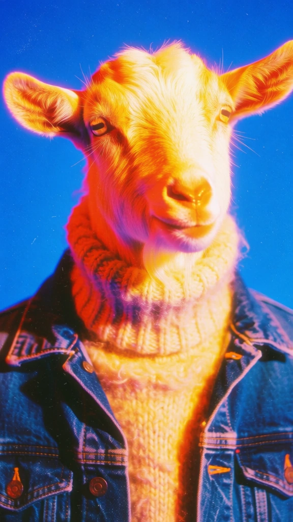 low-fi analog film aesthetic, vibrant electric blue flat background, close-up portrait of a goat wearing a wool turtleneck sweater and a denim jacket, high saturation with intense glowing orange and yellow solarized highlights, heavy film grain, soft focus edges, psychedelic high-contrast color palette, warm top-down studio lighting, retro 70s photography style, saturated textures, ethereal glow on the fur and fabric, grainy texture, ultra-vibrant hues.