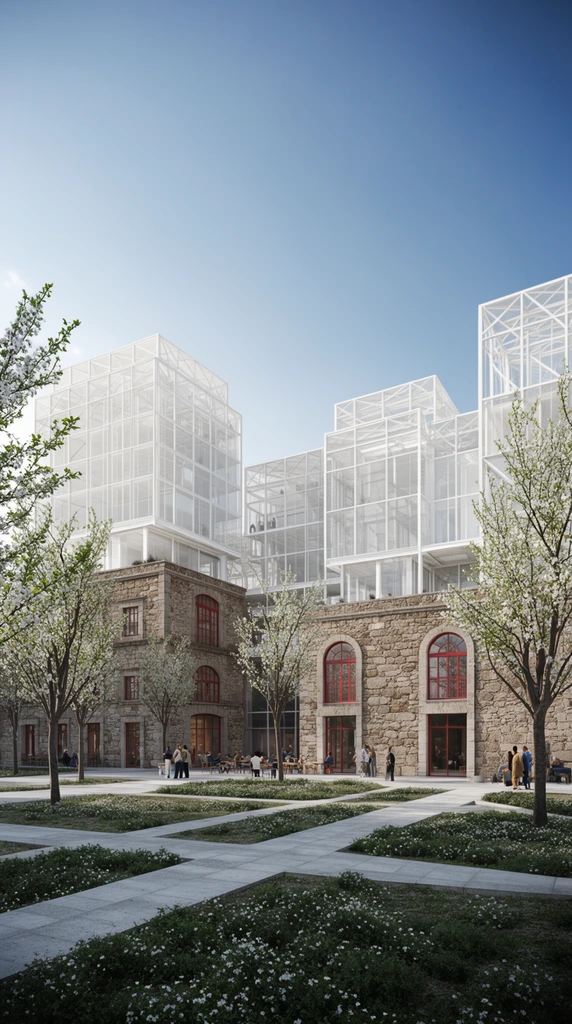 A wide architectural visualization of a hybrid building complex where modern white steel-and-glass structures are built atop historic rustic stone facades. The lower levels feature rugged masonry walls punctuated by large red-framed arched and rectangular windows. Above them, multiple translucent cubic volumes enclosed in delicate white lattice frameworks rise into a clear blue sky. In the foreground, a public plaza is landscaped with geometric light grey stone pathways cutting through low green vegetation dotted with small white flowers. Slender trees with fresh green leaves and white blossoms are scattered throughout the space. Small figures of people stroll, gather, and sit at outdoor tables near the building entrances. The photorealistic rendering is captured from a wide eye-level perspective under bright natural daylight, highlighting the textural contrast between the heavy historical masonry and the airy modern additions.