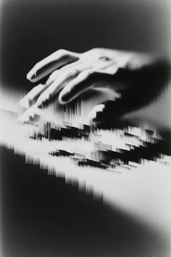 Monochrome Glitch Surrealism style reference image — high contrast black and white