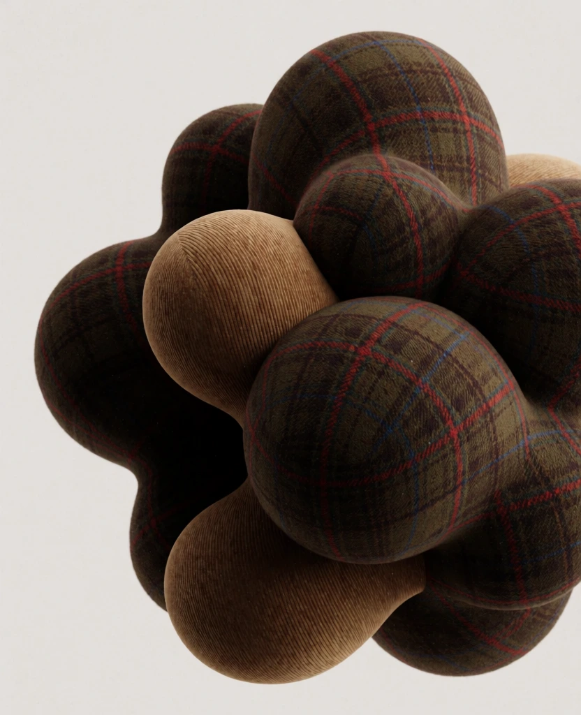 organic rounded shapes clustered together with interconnected lobes, wrapped in textures of vintage plaid wool and fine tan corduroy, palette of deep chocolate brown and muted olive and warm beige, soft diffused lighting with gentle shadows against a plain off-white background, dark academia aesthetic, slight film grain, tactile surfaces with intricate patterns, bulbous forms mimicking layered oversized vintage garments, moody and sophisticated atmosphere, minimalist composition.