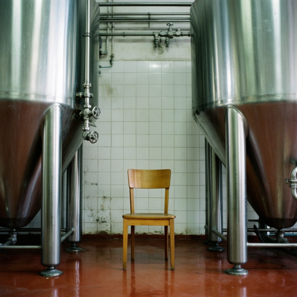 A lone wooden chair sits squarely between two massive stainless steel industrial vats in a tiled facility. The simple, straight-backed chair occupies the lower center, contrasting with the monumental scale of the polished tanks flanking it. Each vat features a conical bottom, thick cylindrical legs, and a network of silver pipes and valves. The background is a slightly worn wall of square white tiles with exposed overhead plumbing. A glossy reddish-brown floor faintly reflects the chair and metal legs. Symmetrical framing highlights the juxtaposition of modest furniture and imposing machinery. Diffused lighting creates smooth vertical highlights on the curved steel. Cool silver and white tones are anchored by the warm terracotta floor and golden-brown wood, unified by a subtle film grain.
