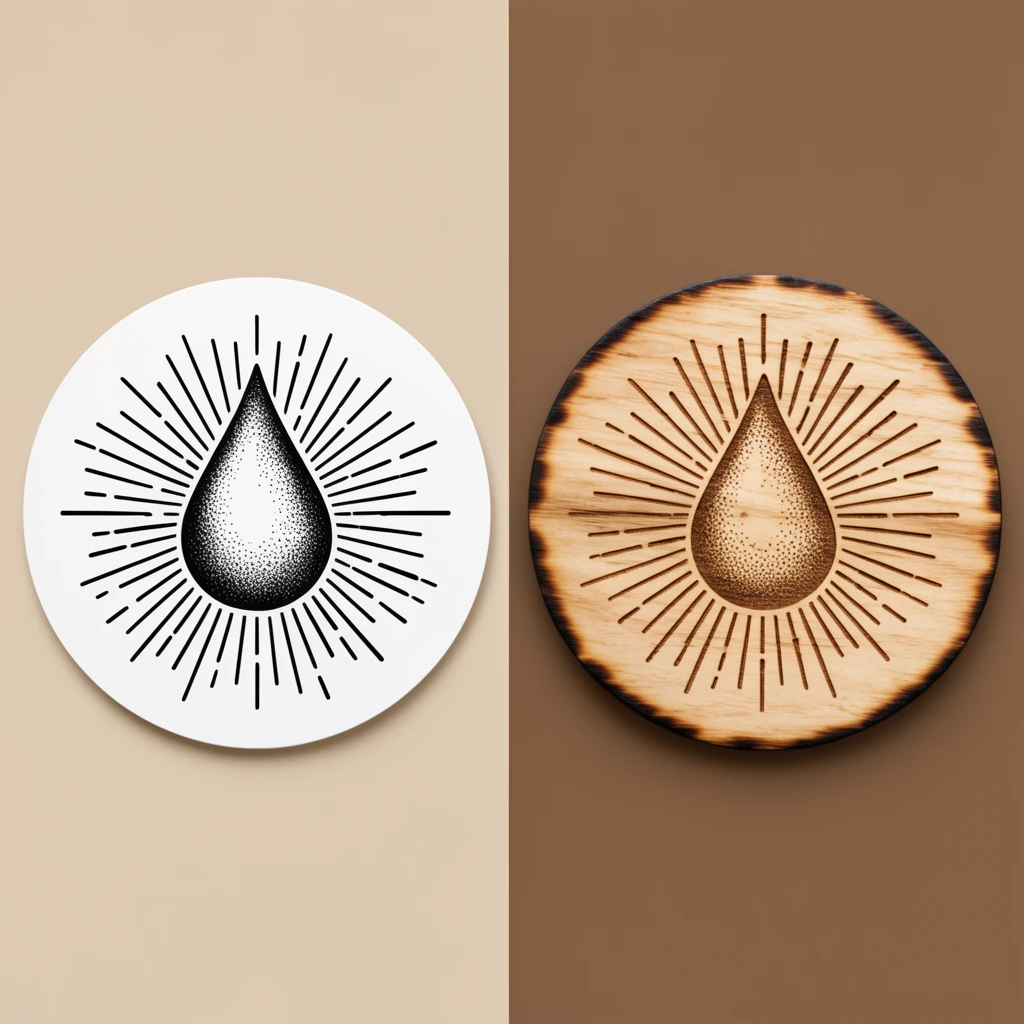 Two circular designs sit side-by-side on a split beige and brown background. The left circle is a flat white graphic with a central black stippled water droplet surrounded by radiating sunburst lines. The right circle is a wooden disc featuring the identical droplet and sunburst motif engraved into its surface, revealing natural wood grain and dark burned edges.
