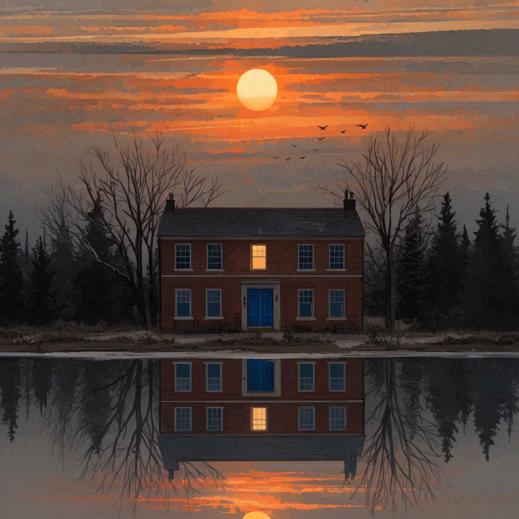two-story brick house with blue doors and one glowing window, surrounded by bare winter trees and dark pines on a shoreline, perfect symmetrical reflection in calm water below, dramatic sunset sky with textured horizontal bands of orange and grey clouds, glowing sun, distant flying birds, painterly illustration style, muted atmospheric color palette