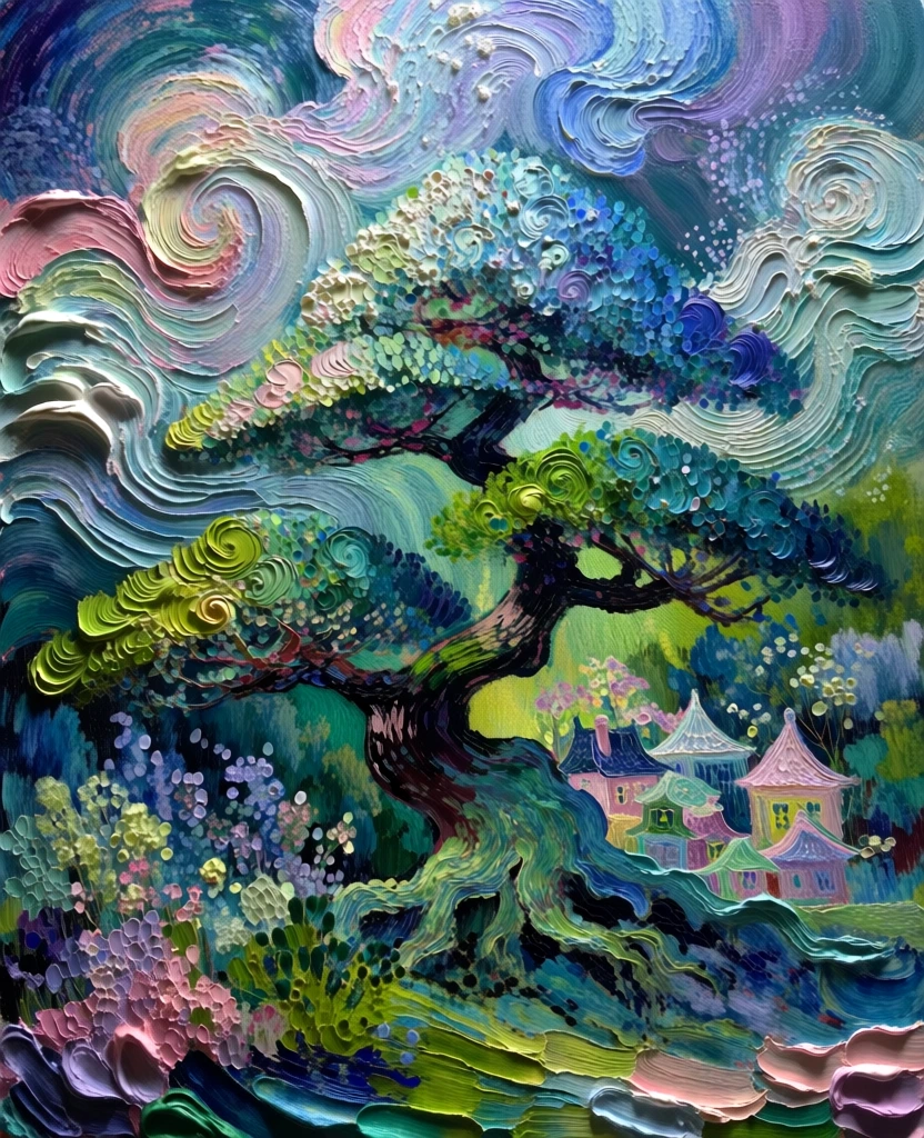 heavily textured impasto oil painting style, thick rhythmic brushstrokes with deep physical ridges, vibrant palette of teal, royal blue, emerald green, soft pink, and lavender, central three-tiered bonsai tree with dense swirling foliage, a miniature whimsical village nestled amongst the roots, celestial background of flowing vortex-like clouds, expressive tactile aesthetic, high-contrast dreamlike lighting, organic composition inspired by post-impressionist movement.