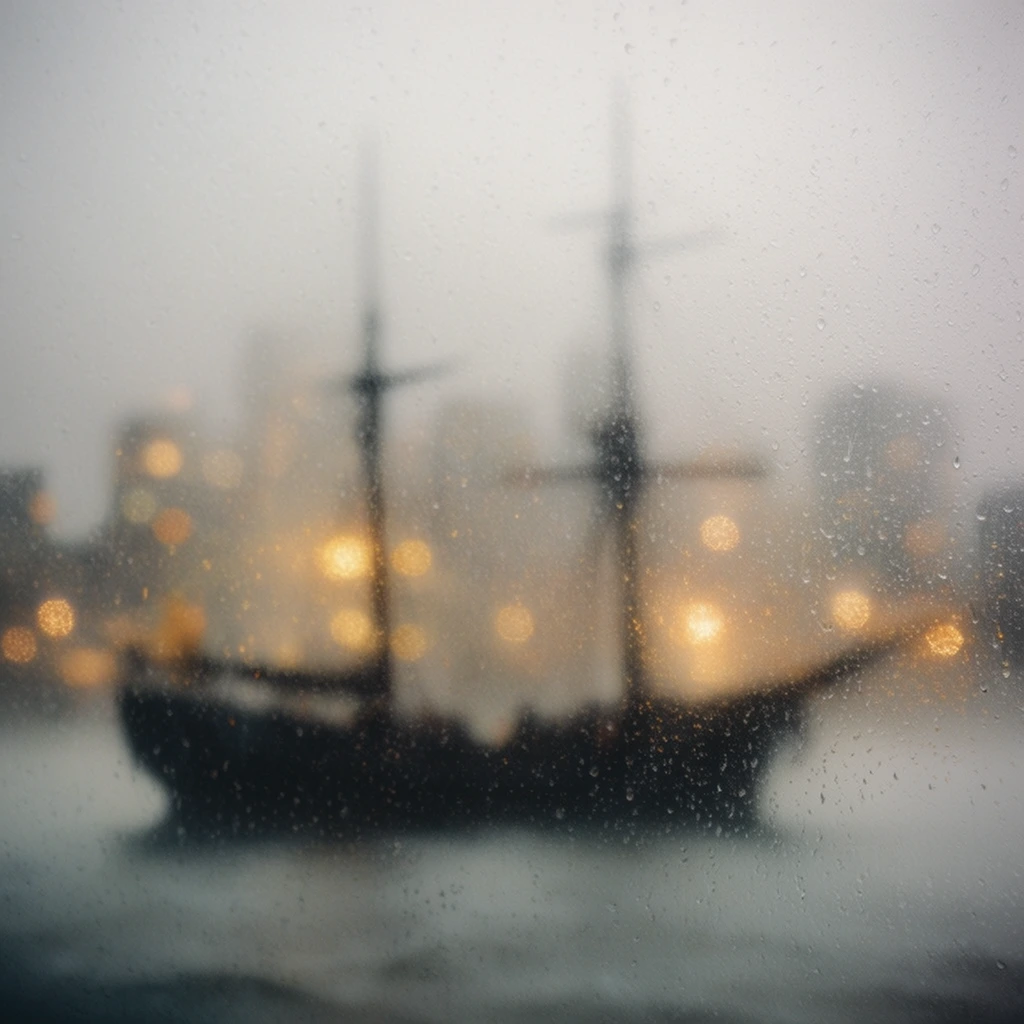 A two-masted ship on a body of water with a city skyline behind it, viewed through a heavily rain-speckled glass pane. The dark, hazy silhouette of the two-masted vessel rests in the midground, its structural lines completely softened by thick mist and an extreme shallow depth of field. The water beneath the ship is a soft, out-of-focus expanse of muted grays and slate blues. Rising behind the ship, the distant city is shrouded in heavy fog, reduced to blurred architectural masses. Clustered across the foggy cityscape are glowing, warm amber and golden bokeh circles, created by distant artificial lights blooming through the heavy moisture. The extreme foreground consists entirely of sharp, highly detailed condensation and clustered rain droplets clinging to the invisible glass barrier. The cinematic composition is dominated by a moody, overcast atmosphere, utilizing a desaturated, cool-toned color palette contrasted by the luminous yellow-gold light flares. The intense optical blur renders the ship and city as a soft, painterly backdrop, while the crisp water droplets create a tactile, grainy, and highly textured overlay across the entire visual plane.