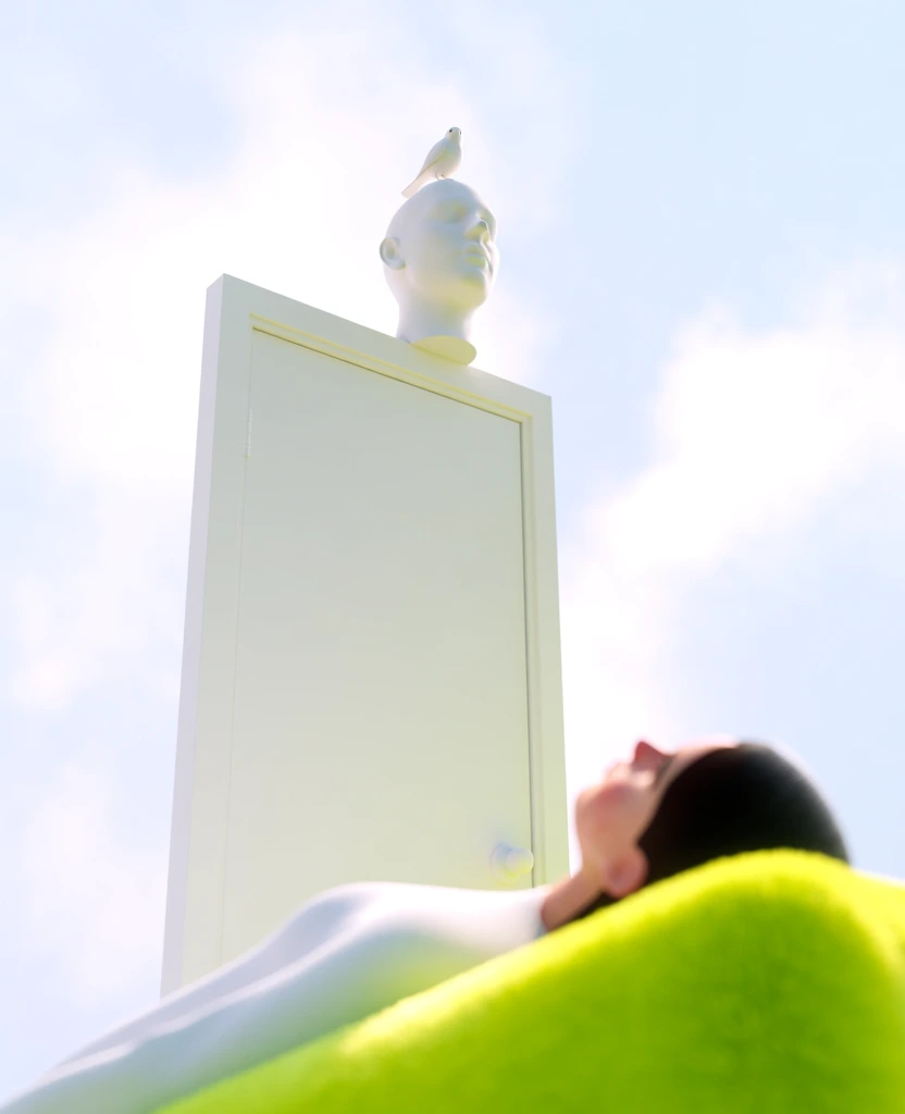 extreme low-angle shot of a closed minimalist white door set against a luminous high-key sky with soft hazy clouds, a smooth matte plaster bust perched on the lintel, a delicate bird on the bust, below the door a person rests their head on a plush lime green slope looking upwards, high-key diffused lighting, velvety cgi rendering, clean surrealist aesthetic, ethereal atmosphere, soft focus bokeh, serene composition, airy dreamscape, vibrant saturated palette, high-signal textures