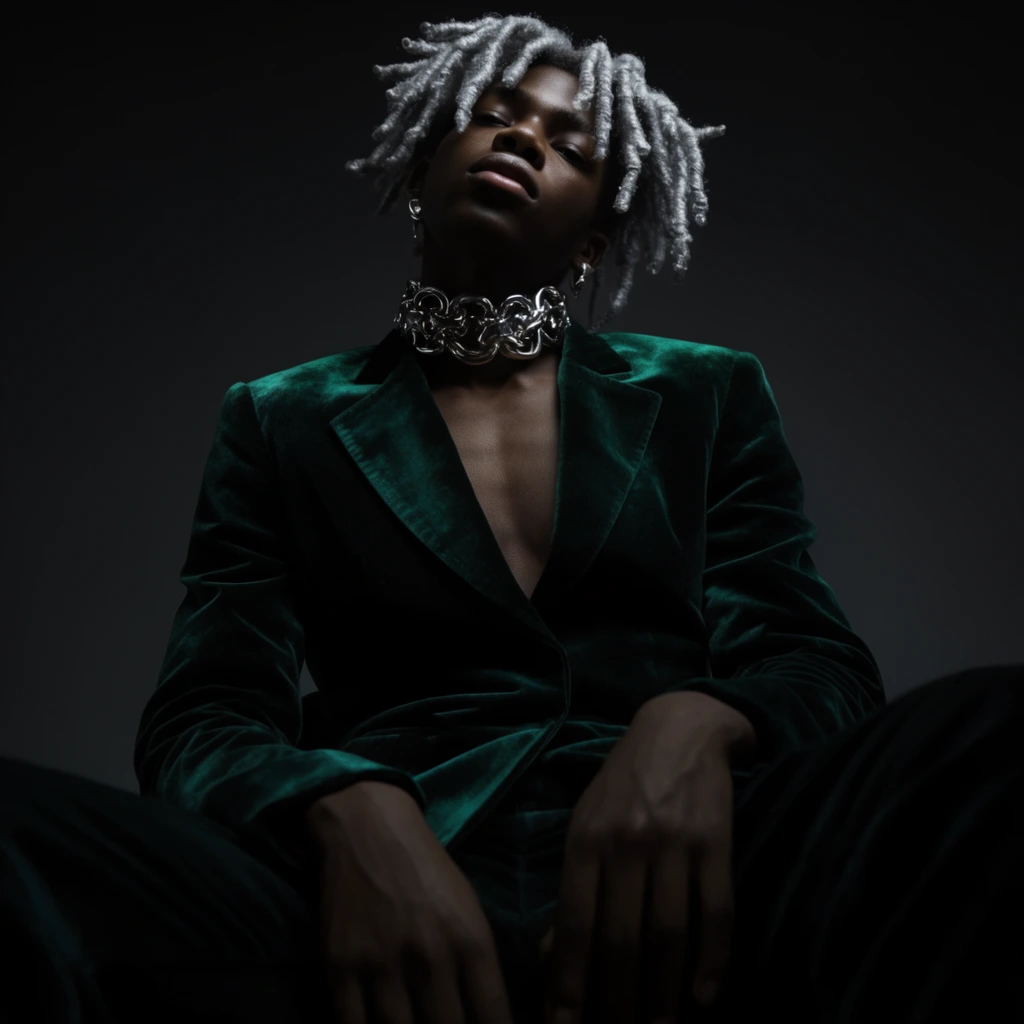 Young Black model, silver dreadlocks, emerald green velvet blazer, thick silver choker, seated with head tilted back, dramatic low-key lighting, deep shadow background, low-angle camera, editorial fashion portrait