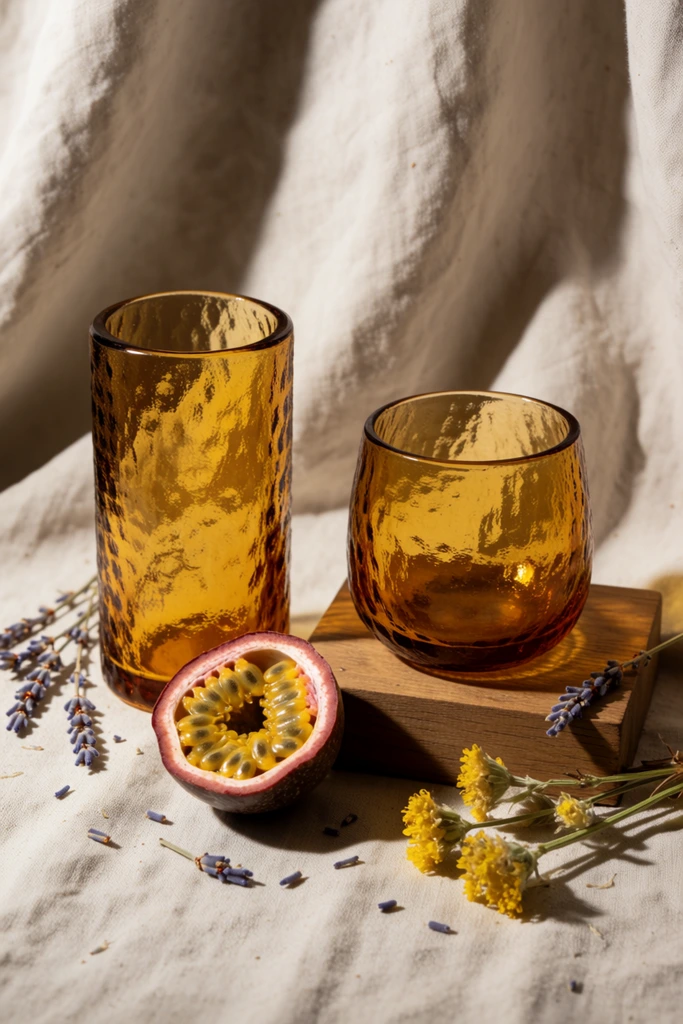 still life composition, two textured amber glass vessels, one tall cylinder, one rounded tumbler on a wooden block, halved passion fruit with glossy yellow seeds, scattered dried lavender and yellow wildflowers, draped unbleached linen backdrop with soft folds, warm directional lighting, sharp shadows, rustic textures