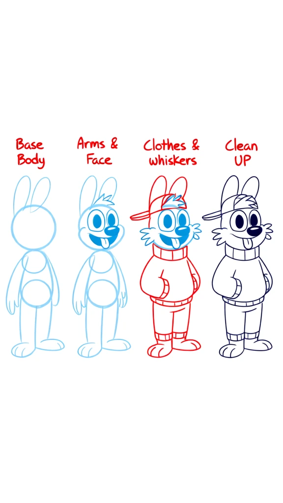A four-step drawing tutorial illustrates the process of sketching a cartoon character, progressing from basic geometric shapes to a final cleaned-up line drawing. Above each stage, red handwritten text describes the focus of the step, starting with "Base Body" on the far left, followed by "Arms & Face", then "Clothes & whiskers", and finally "Clean UP" on the far right. The first stage consists of a light blue under-sketch using circles and ovals for the head and torso, with simple lines for the long ears and limbs. In the second stage, the blue sketch is refined to include large oval eyes with blue pupils, a round nose, a wide smiling mouth with a protruding tongue, and more substantial arms and legs. The third stage introduces red lines to highlight new additions, including a backwards-facing baseball cap on the head, three whiskers on each cheek, a high-collared sweater covering the torso, and detail lines on the feet. The final stage presents the character in clean, dark blue outlines with all preliminary construction lines removed, showing the anthropomorphic creature standing in a three-quarter view facing right with hands tucked into its sweater pockets and its tongue sticking out. The entire sequence is set against a plain white background, rendered in a 2D digital illustration style typical of animation character design sheets.