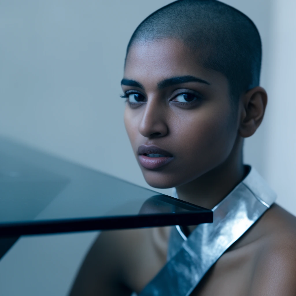 close-up portrait of a young South Asian woman with a shaved head, intense stare, slightly parted lips, wearing a metallic silver asymmetrical collar, sharp angled edge of a dark glass table in foreground, minimalist pale grey wall background, cinematic lighting, cool blue and grey color palette, shallow depth of field