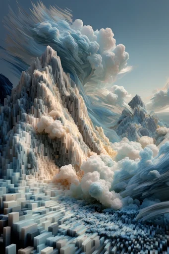 Recursive Voxel Surrealism style reference image — voxelized extrusion