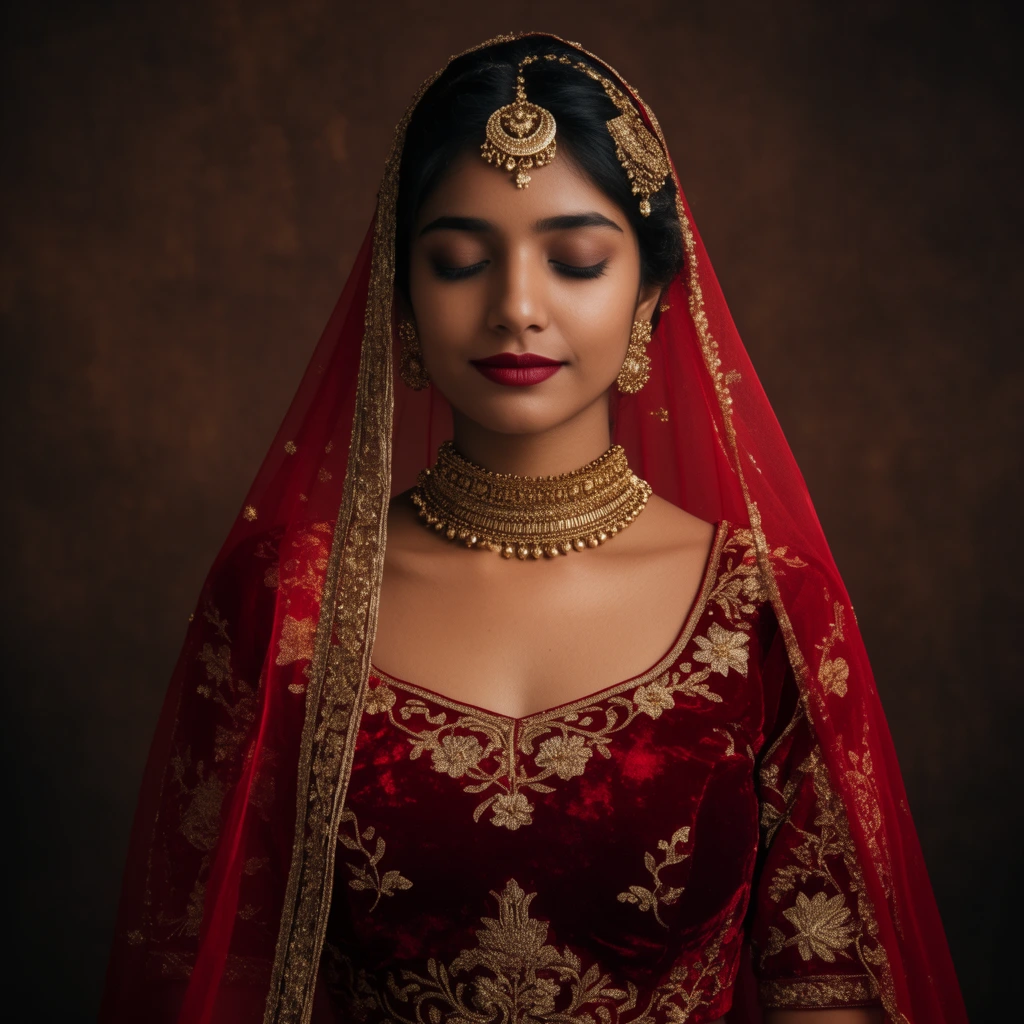 young South Asian woman with closed eyes, serene expression, deep red velvet blouse featuring gold floral embroidery, sheer red veil draped over head with gold borders, ornate gold choker necklace, earrings, maang tikka headpiece, deep red lipstick, dark textured brown background, soft cinematic studio lighting, portrait photography, warm tones