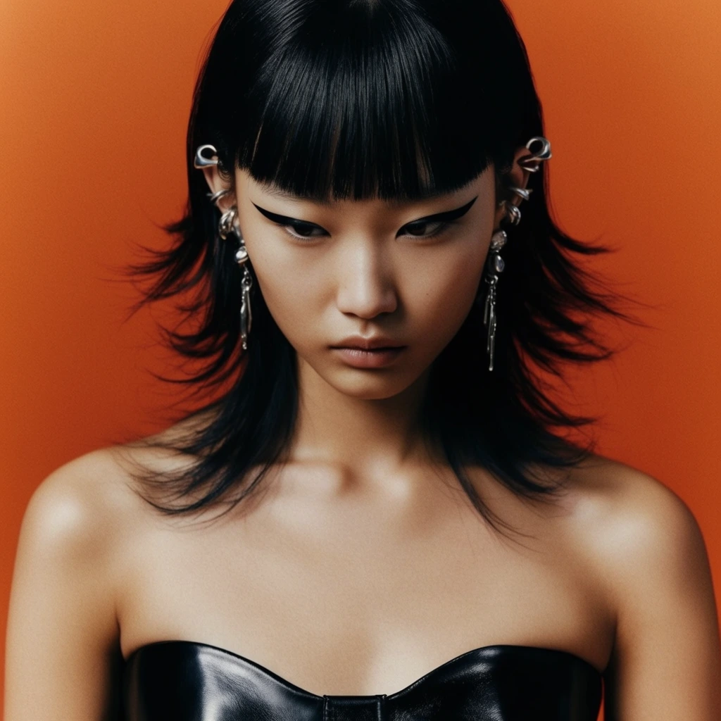 close-up portrait of a young East Asian woman, black layered hair with straight blunt bangs and wispy flared ends, sharp elongated black winged eyeliner, multiple silver ear cuffs and dangling metallic earrings, intense downward gaze, glossy black strapless leather bodice, exposed shoulders and collarbones, solid vibrant burnt orange background, soft directional studio lighting, high contrast editorial fashion photography, tight head and shoulders framing