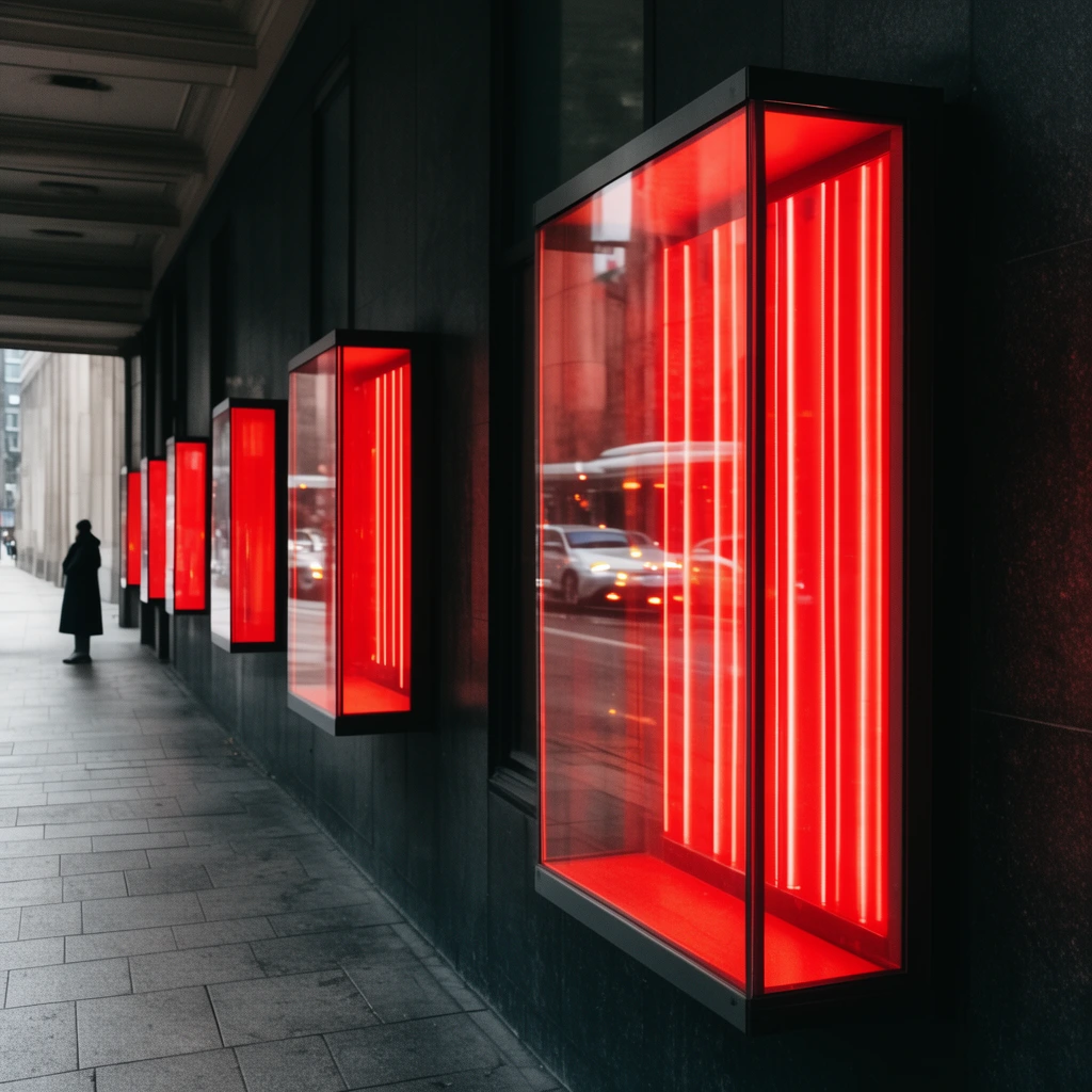 Glowing bright red rectangular display boxes protrude from a dark wall along a covered urban walkway. The nearest glass box features vertical red light strips reflecting street cars. A distant figure stands on tiled pavement under a colonnaded ceiling in this high-contrast architectural perspective.