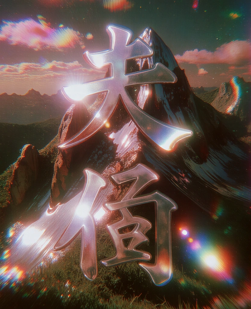 dreamy lo-fi film photography style, majestic mountain peaks with sharp metallic reflections, large stylized chinese characters superimposed over the landscape, iridescent rainbow light leaks, heavy chromatic aberration, vintage lens flares, grainy film texture, ethereal holographic glow, saturated pink and orange sunset hues, misty atmosphere, soft focus background, prismatic light distortion, surreal nostalgic aesthetic, high contrast metallic highlights on rock faces.