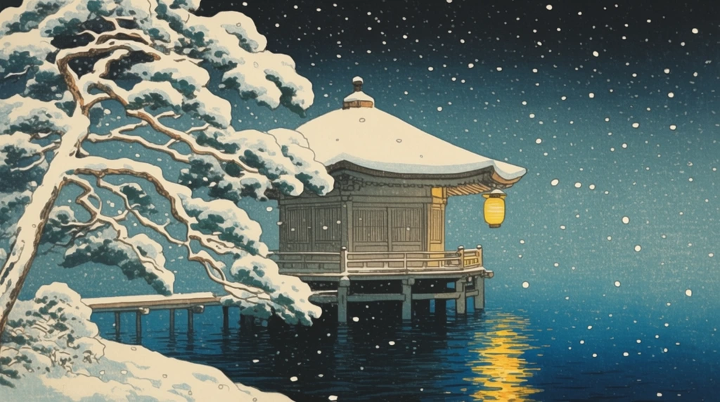 A traditional Japanese hexagonal pavilion rests on wooden stilts above a dark blue lake amidst a heavy snowstorm. In the left foreground, thick mounds of pristine white snow blanket the twisting, gnarled branches of a large pine tree, forming a natural frame for the structure. A narrow wooden pier connects the pavilion to the snow-covered shoreline at the bottom left. A single glowing yellow paper lantern hangs from the right eaves of the snow-capped, curved roof, casting a vibrant, rippling golden reflection across the dark, serene water. Countless white snowflakes of varying sizes dot the scene against a gradient night sky transitioning from deep teal to midnight navy. Rendered in a classic woodblock print style, the visual features strong outlines, precise color separation, smooth gradients in the background, and a subtle matte texture emphasizing the atmospheric, tranquil winter evening.