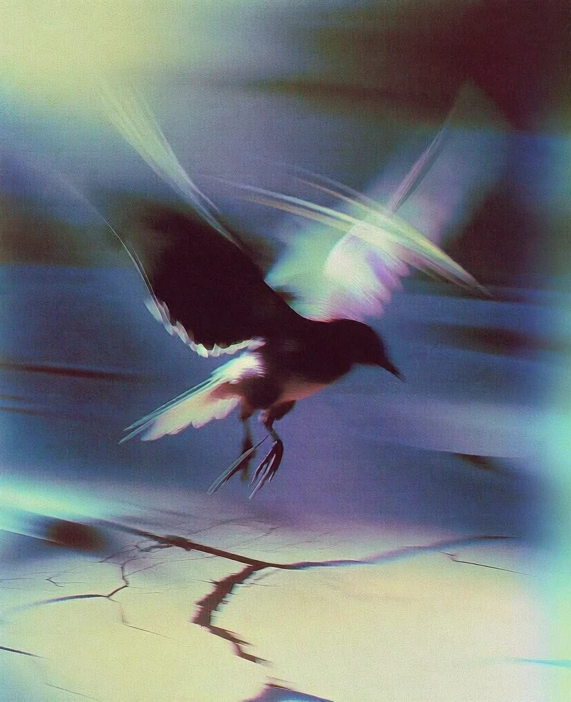a solitary bird in motion suspended over desiccated cracked earth, heavy film grain, shutter-drag motion blur creating ethereal light trails, high-contrast impressionistic aesthetic, muted indigo and violet shadows, blown-out greenish-yellow highlights, soft-focus halation, dynamic diagonal composition, lo-fi scanned film texture, subtle chromatic aberration, wings rendered as blurred translucent sweeps, ground plane depicted with overexposed high-key lighting, eerie dreamlike mood.