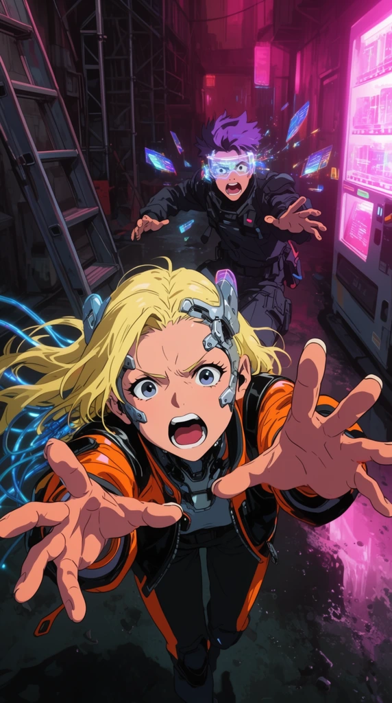 A dynamic anime illustration captures a frantic moment in a neon-lit futuristic alleyway where a cybernetic young woman reaches desperately toward the viewer. The foreground girl features flowing blonde hair, metallic cranial implants, and glowing blue cables trailing behind her. She wears a neon orange and black leather jacket, her mouth wide open in a yell and hands thrust forward with exaggerated foreshortening. Behind her, a panicked young man with purple hair and a glowing visor scrambles with outstretched arms, dressed in dark tactical gear as sparking holographic datashards flutter around him. The wet alleyway includes steel scaffolding, a leaning metal ladder, and a glowing vending machine radiating harsh magenta light. The polished cel-shaded artwork contrasts the vibrant magenta lighting against the heavy shadows, emphasizing intense motion and striking perspective.