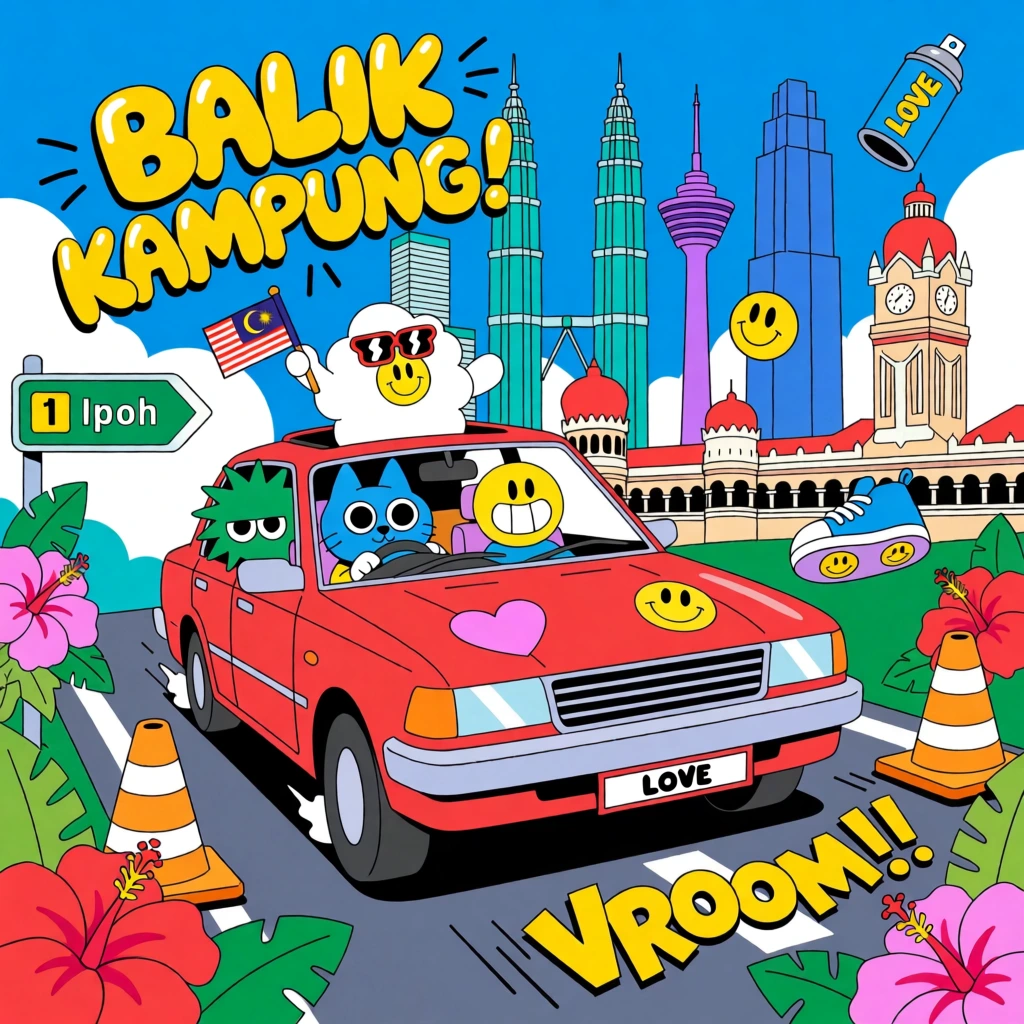 A vibrant, cartoonish illustration features a red car filled with quirky characters speeding down a road towards iconic Malaysian landmarks under a bright blue sky. The central red car, an older model sedan, is occupied by four expressive characters: a blue cat-like creature with large white eyes in the driver's seat, a yellow spherical character with a wide grin next to it, a green character with large eyes in the back, and a fluffy white cloud-like character with sunglasses popping out of the sunroof holding a small Malaysian flag. The car's hood is adorned with a pink heart sticker and a yellow smiley face sticker, along with a "LOVE" emblem. Yellow stylized text "BALIK KAMPUNG!" in a bold, bubble font floats in the upper left, while the word "VROOM!!" is written in similar yellow font on the asphalt road in the foreground. Surrounding the car are white puffy clouds, large red hibiscus flowers, green tropical leaves, orange traffic cones, and a small yellow smiley face ball. To the left, a green road sign reads "1 Ipoh" beneath a small yellow number one inside a green circle. The background features a detailed skyline including the Petronas Twin Towers in teal, the Kuala Lumpur Tower, the Merdeka 118 building, and the Sultan Abdul Samad Building's clock tower. Palm trees and more hibiscus flowers flank the city structures. A spray paint can labeled "LOVE" floats on the left side, and a blue sneaker with a smiley face is visible in the bottom right corner. The illustration uses a clean, bold-lined comic style with a bright and saturated color palette, high-angle perspective, and dynamic elements like yellow speed lines on the road to convey a sense of fast movement and joy.
