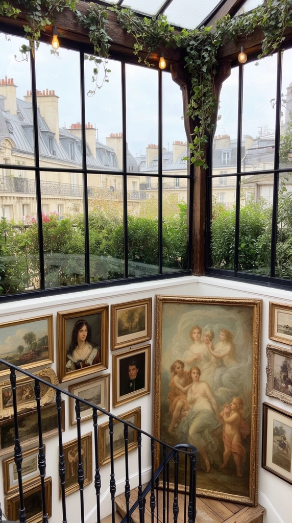An airy, glass-enclosed stairwell landing is heavily adorned with an eclectic salon-style gallery of framed artworks against white walls. A black wrought iron railing with decorative spindles guides the eye down wooden steps. The dense collection of vintage portraits and landscapes is anchored by a massive, floor-resting classical painting of ethereal figures in a gilded frame. Dark wooden pillars framing large, multi-pane black windows are draped with trailing green ivy vines and warm pendant lights. Through the expansive glass panes, lush rooftop foliage borders a sweeping view of classic European architecture, featuring light stone facades, grey mansard roofs, and terracotta chimney pots under a bright, overcast sky.