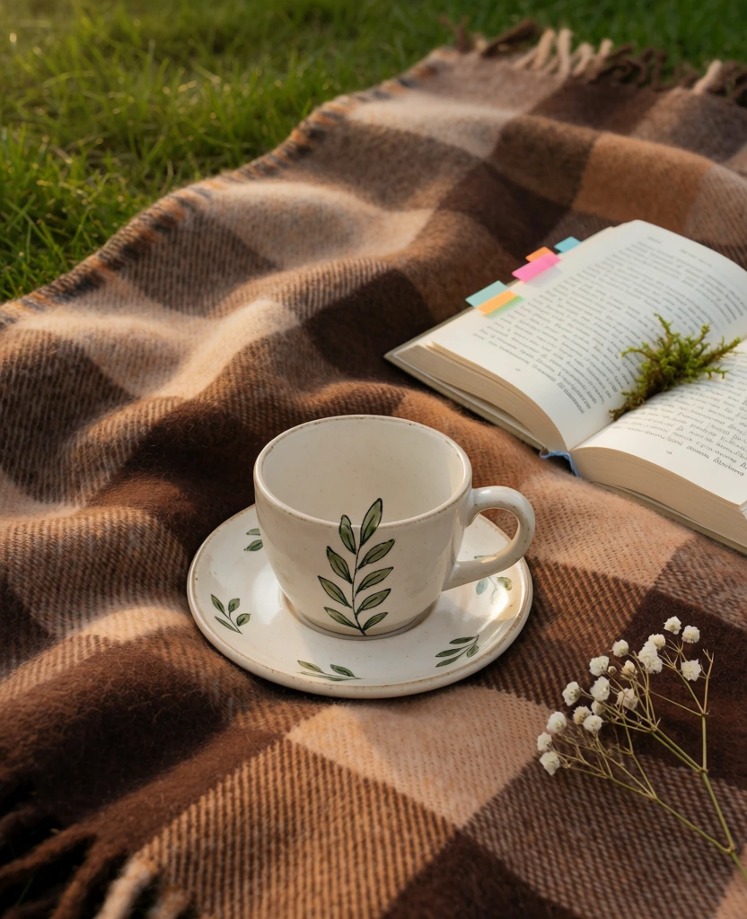 high-angle lifestyle shot, brown and tan checkered picnic blanket over green grass, a central white ceramic teacup on a saucer featuring a hand-drawn illustration of a green leafy stem rising vertically, an open book with index tabs lying alongside, soft warm natural daylight, tactile folk-art aesthetic, whimsical cottagecore vibe, organic textures, warm earth tones, soft focus background, single continuous lowercase sentence.