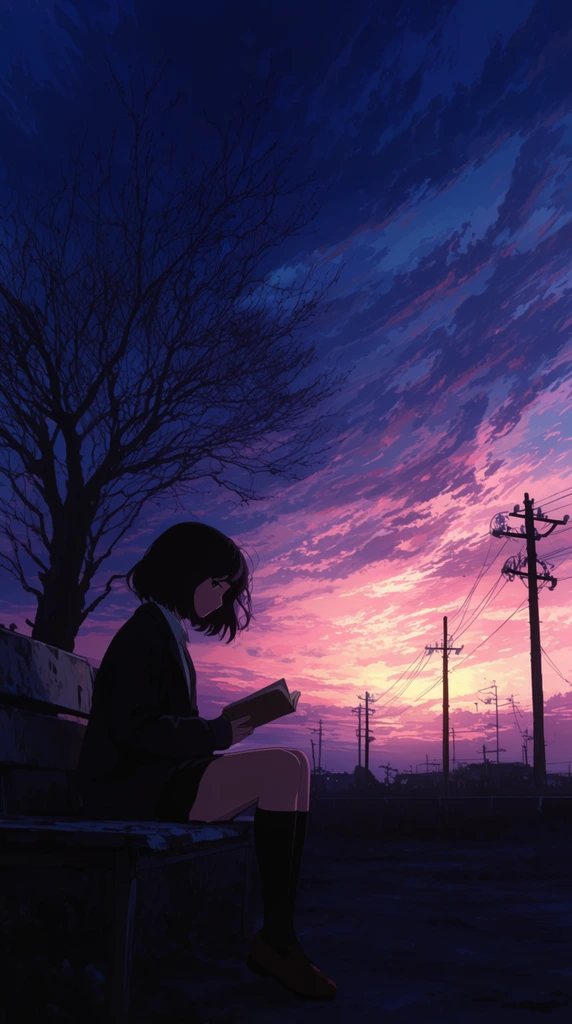 A 2D anime-style illustration of a young woman reading on a weathered bench against a vibrant twilight sky. She wears a dark jacket and knee-high socks in the lower left foreground. The dramatic sunset transitions from deep indigo to luminous pink and yellow, highlighting sweeping textured clouds. Stark silhouettes of utility poles, power lines, and a large barren tree cut across the horizon. Cinematic lighting casts the foreground elements in deep shadow, creating immense atmospheric depth.