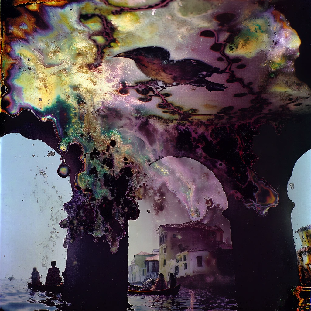 experimental chemical photography, visceral emulsion lift, iridescent oil-slick palette, shimmering golds and deep purples, tactile ceiling fresco of a bird in vines above a landscape arch, scene of buildings and water with people in boats, heavy organic bubbling, corrosive liquid textures melting into the frame, dreamlike layered composition, avant-garde surrealism, high contrast, granular film details, ethereal atmosphere, liquid light aesthetics