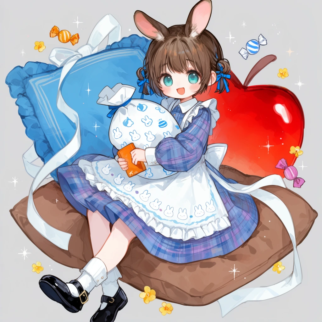 A young girl with brown rabbit ears and large teal eyes sits happily amidst oversized pillows and floating candies. She has short brown hair styled in small twin tails tied with blue ribbons, wearing a blue-and-purple plaid dress layered with a frilly white apron adorned with a delicate white rabbit pattern. She hugs a plush white sack decorated with blue motifs while holding a small orange rectangular object. Resting on a large brown cushion, she wears white socks and black Mary Jane shoes. Floating around her in the light gray environment are an oversized blue pillow, a massive glossy red apple shape, long white ribbons, wrapped candies, tiny yellow flowers, and sparkling starbursts. The digital anime-style illustration features delicate linework, vibrant pastel tones, and a whimsical, weightless composition.