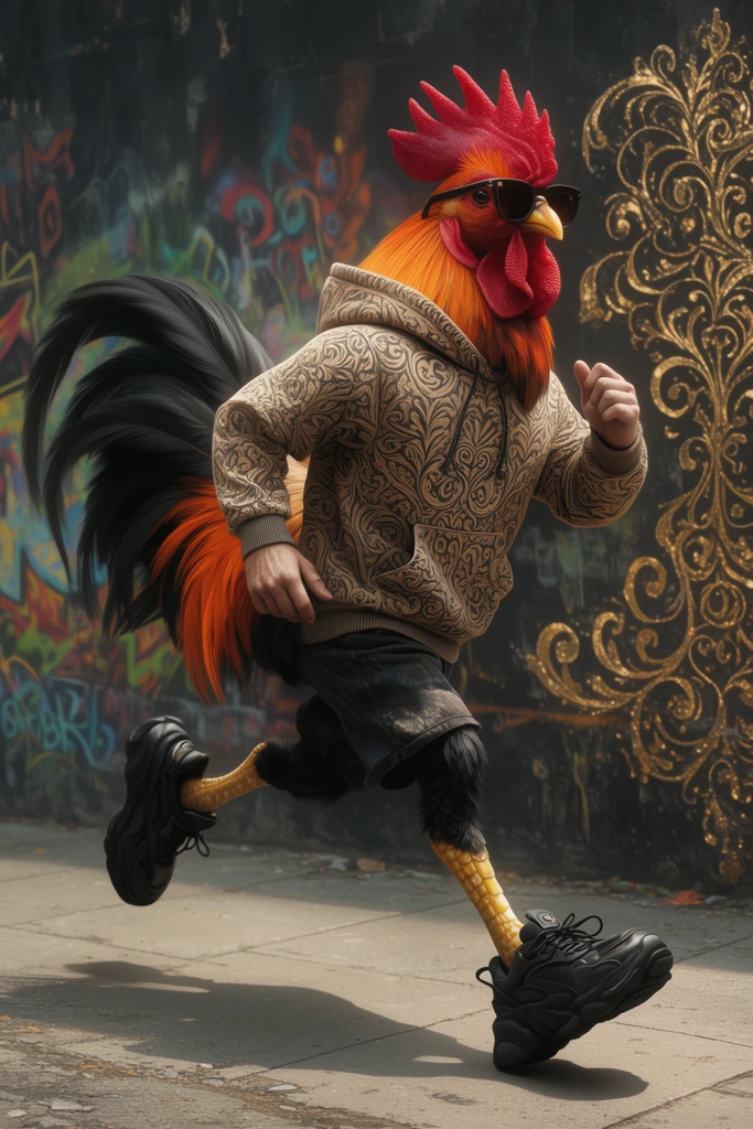 Anthropomorphic rooster running mid-stride, dark sunglasses, intricate tan patterned hoodie, human hands, sweeping black and orange tail feathers, dark shorts, scaly yellow legs, chunky black sneakers, urban sidewalk setting, dark wall background featuring colorful graffiti and ornate golden filigree, highly detailed surreal digital art, dynamic lighting