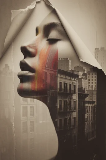 Surrealist Urban Collage style reference image — double exposure