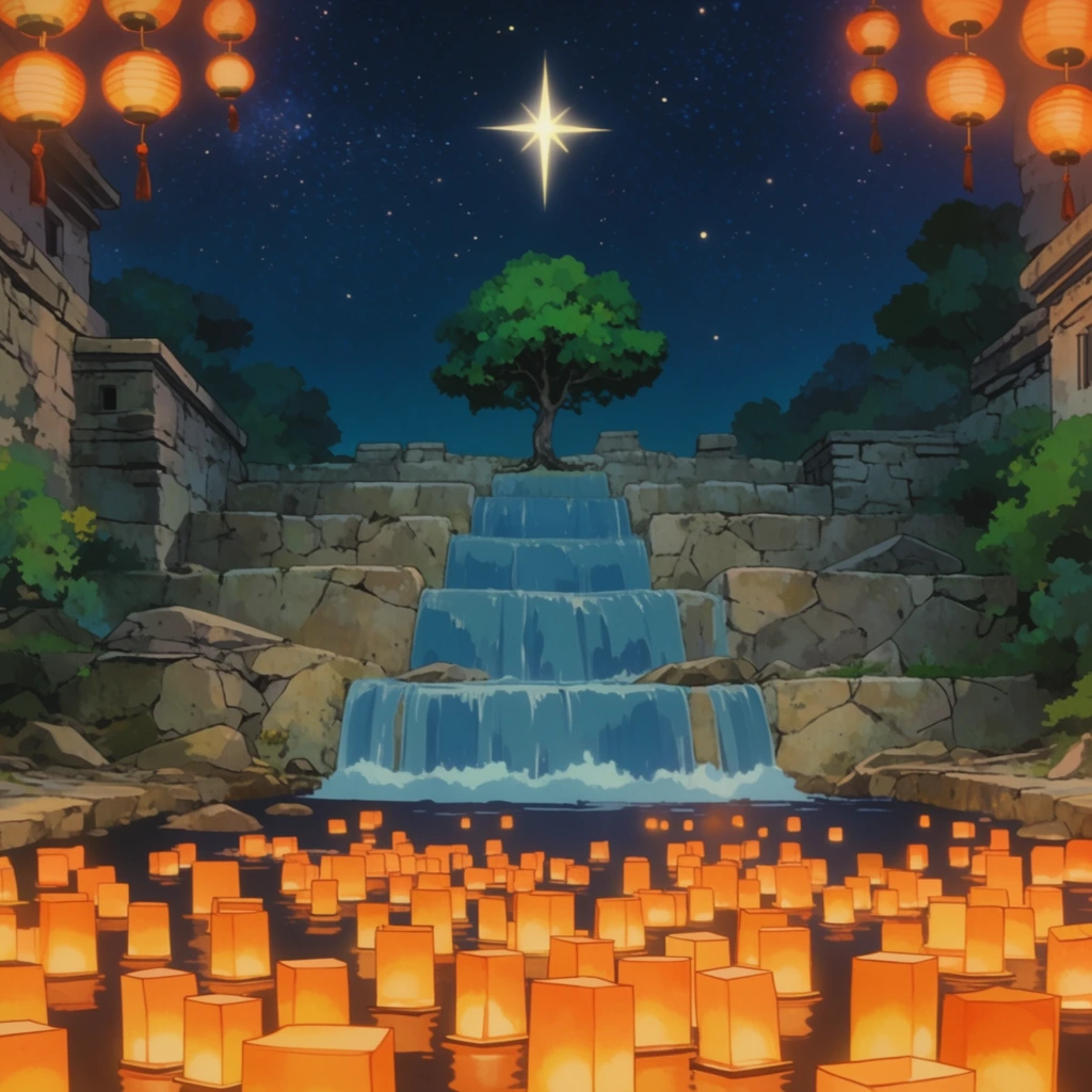 ancient terraced stone ruins forming a stepped waterfall under a starry night sky, solitary green tree growing on the top tier, foreground dark pool entirely covered in glowing orange rectangular floating paper lanterns, cascading blue water flowing down cracked rocky steps, prominent bright four-pointed star directly above the central tree, strings of round orange paper lanterns hanging from the top corners, stone building edges and foliage framing the scene, 2D animation background art style, soft magical lighting, symmetrical composition