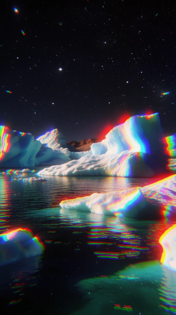 A surreal landscape features jagged icebergs floating in dark water beneath a starry night sky, heavily distorted by vibrant rainbow chromatic aberration. The textured white ice formations are bathed in horizontal streaks of intense red, green, and magenta light leaks that reflect across the rippling dark water. The deep black background is filled with scattered white stars and floating particles. The composition is defined by a heavily grained, retro lo-fi film aesthetic with striking prism effects and a cosmic atmosphere.