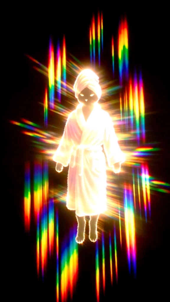 ethereal glowing white silhouette of a cat wearing a plush bathrobe and a towel turban, suspended in a dark void, intense golden starburst lens flares radiating from the central form, vibrant vertical prismatic light streaks in a full rainbow spectrum, psychedelic chromatic aberration, long exposure light painting aesthetic, high contrast holographic diffraction, spectral dispersion effects, minimalist composition with heavy black negative space, digital etherealism.