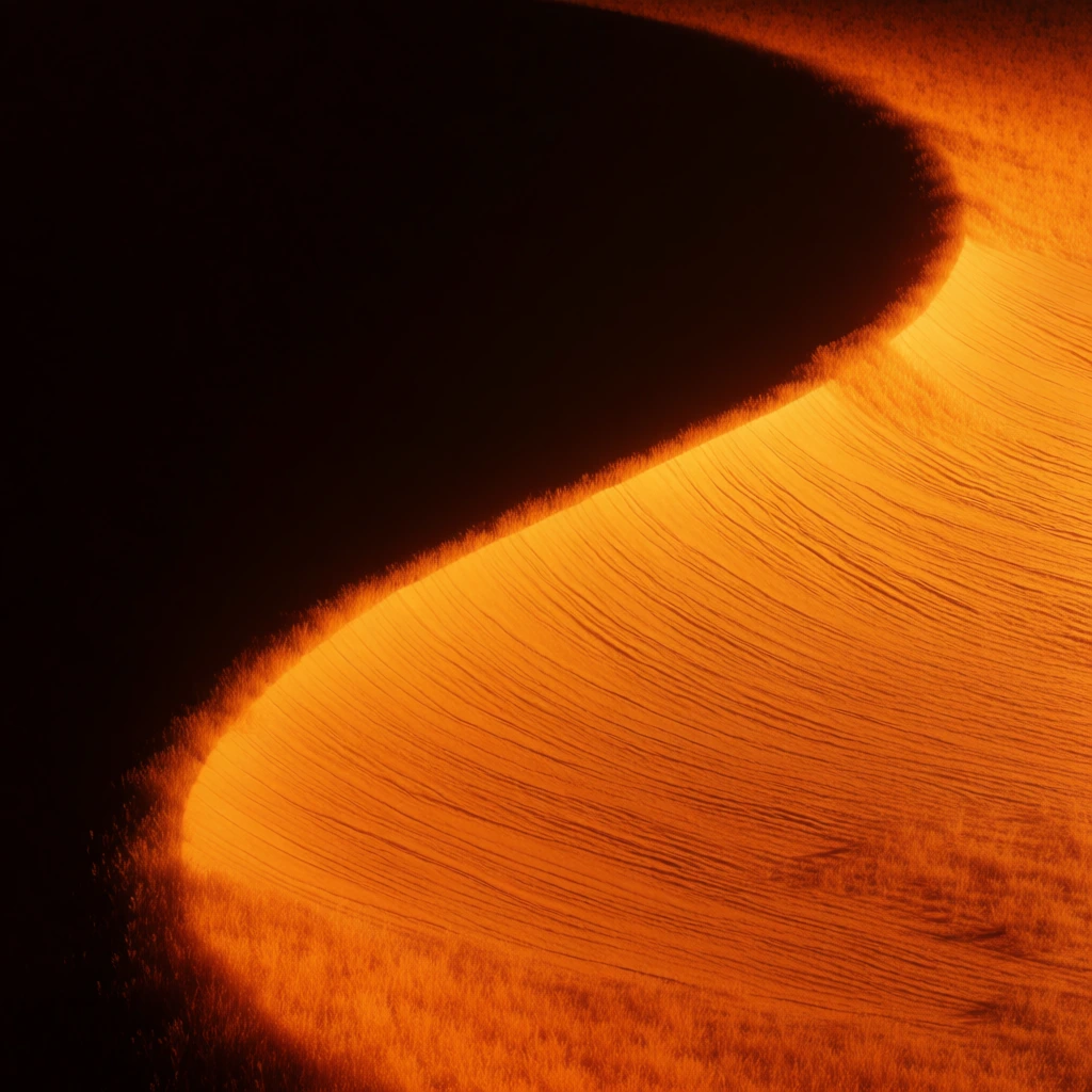 high-contrast cinematic vertical shot, immense sweeping curve of a glowing amber field against a void of absolute jet black, three tiny silhouettes of dogs in bulky spacesuits holding tactical rifles positioned at the bottom edge, sharp chiaroscuro, fine rhythmic textures of windblown tall grass mimicking sand ripples, saturated orange luminescence, extreme minimalist aesthetic, cosmic scale, deep shadows, film grain, focused on scale and negative space, atmospheric sci-fi mood