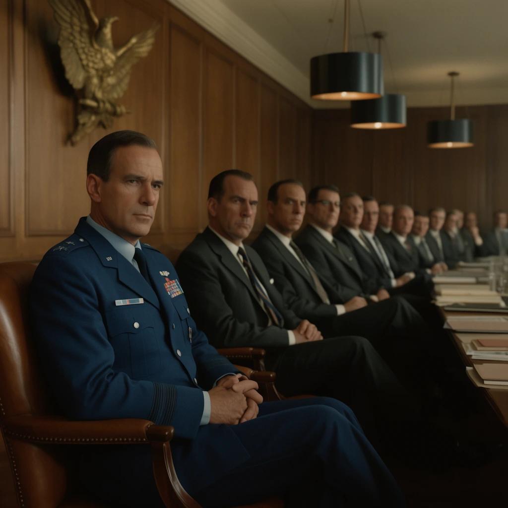stern official in a blue military uniform with ribbons seated in a brown leather armchair, receding row of serious men in dark suits, deep perspective of a mid-century government briefing room, wood paneling, golden eagle wall sculpture, dark cylindrical pendant lights, cinematic widescreen framing, muted warm color palette