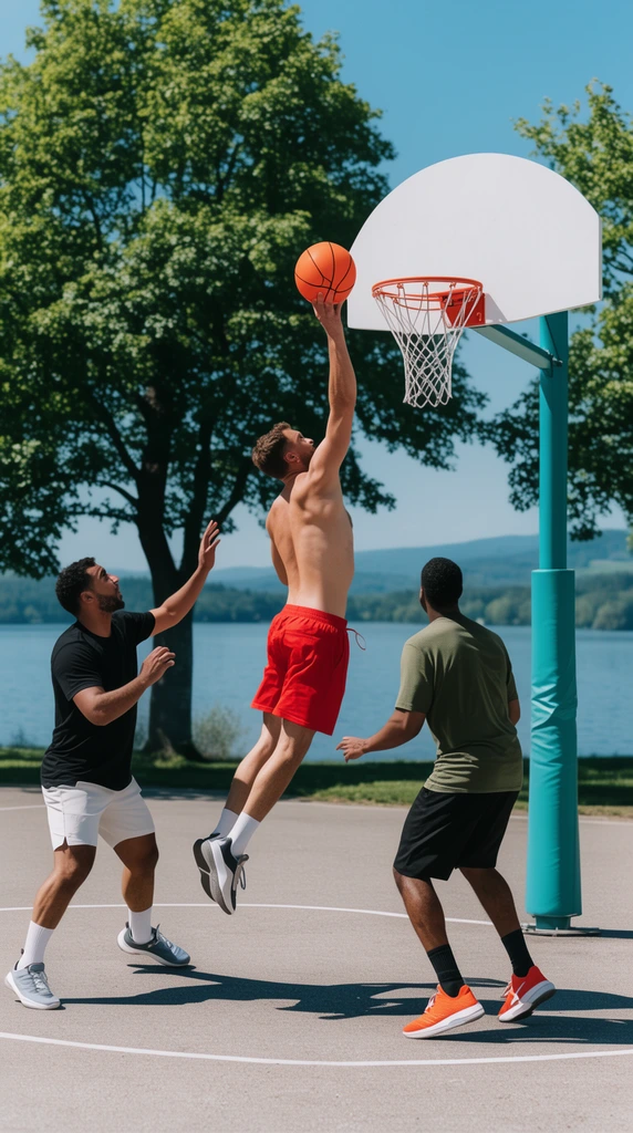 Three men play a dynamic basketball game on a sunlit paved outdoor court. A shirtless man in red shorts leaps high, extending an orange basketball toward a white fan-shaped backboard on a teal padded pole. Two defenders in black and olive green t-shirts contest the mid-air shot. The vibrant background reveals lush green trees, a calm blue lake, distant rolling hills, and a clear sky.