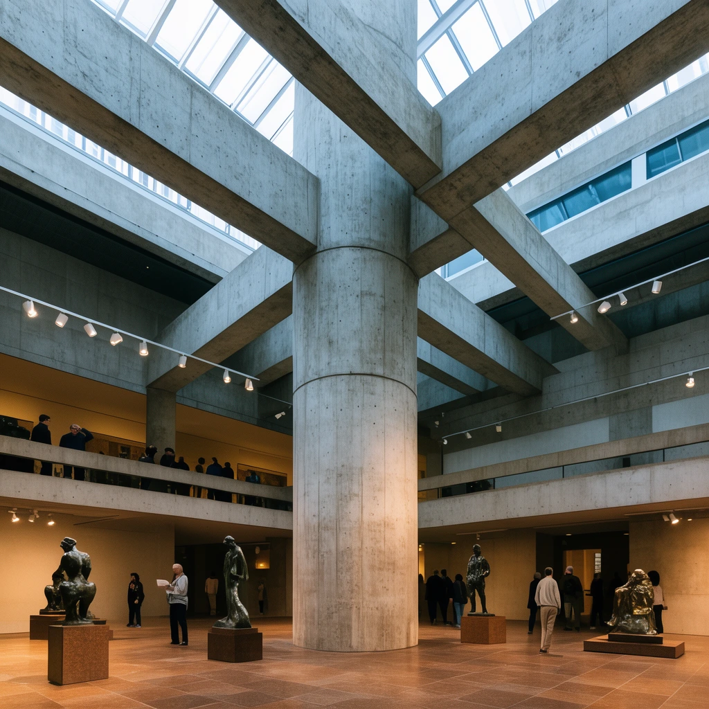 A massive cylindrical concrete pillar supports heavy intersecting crossbeams beneath a skylight in a multi-level museum atrium. Visitors examine bronze sculptures across a warm brown tiled floor and an elevated left-side balcony, illuminated by beam-mounted track lighting that highlights the minimalist architectural geometry.