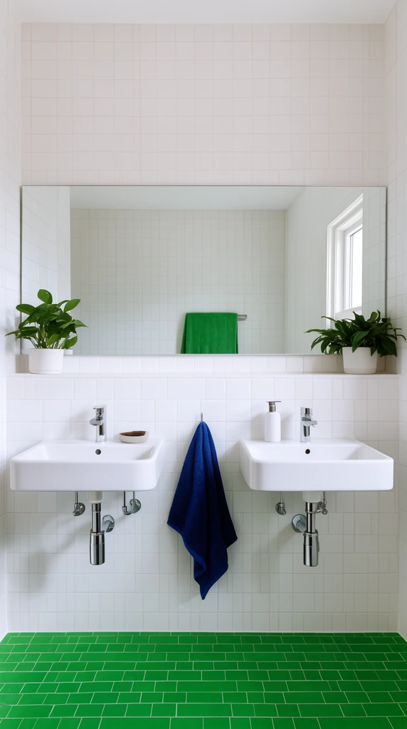 A minimalist bright bathroom featuring dual wall-mounted white sinks with exposed chrome plumbing set against white square wall tiles. Vibrant green rectangular floor tiles ground the space. A wide frameless mirror reflects a green towel, while a hanging dark blue towel and two potted plants add accents to the crisp, straight-on architectural composition.