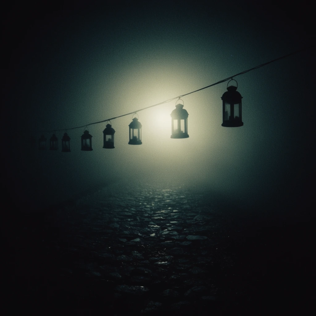 Seven lanterns hang from a single diagonal line above a rough cobblestone path, decreasing in size from right to left, immersed in dense, heavy fog and silhouetted by an intense, diffused central backlight. The suspended lanterns form stark, pitch-black shapes against the glowing mist, strung along a thin, dark line cutting angularly across the composition. A singular, blinding light source blooms intensely through the thick atmosphere behind the lanterns, radiating a pale, desaturated greenish-yellow luminance that halos outward, transitioning smoothly into deep, crushing teal-black shadows at the perimeter of the frame. Below the lanterns, the uneven cobblestone path catches faint, wet specular highlights from the central glow, revealing coarse, gritty textures in the center before blending into the profound darkness of a heavy, dramatic vignette at the bottom edge. The scene features a cinematic, extremely low-key exposure characterized by pronounced film grain, a monochromatic deep cyan and pale yellowish-white color grading, and heavy atmospheric diffusion that fills the entire background space with a glowing, opaque mist.