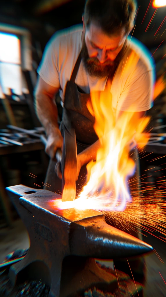 A blacksmith strikes an anvil, generating a massive burst of bright orange flames and sparks. The bearded man wears a white t-shirt and dark apron, grasping a heavy tool with both hands. The dimly lit workshop environment is heavily distorted by intense motion blur and chromatic aberration. Red and cyan color fringing creates a dynamic visual effect throughout the frame, highlighting the fast movement of the worker and the bright, localized illumination from the fire.