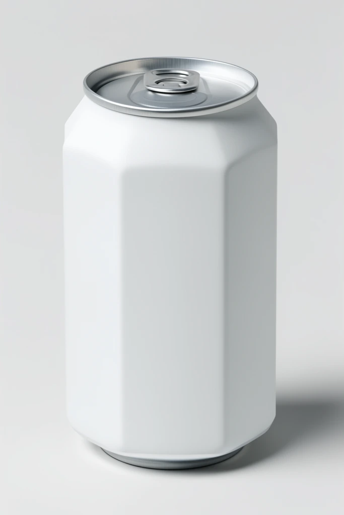 White faceted aluminum beverage can, matte octagonal body, silver pull tab top, seamless light gray background, minimalist product shot, soft studio lighting