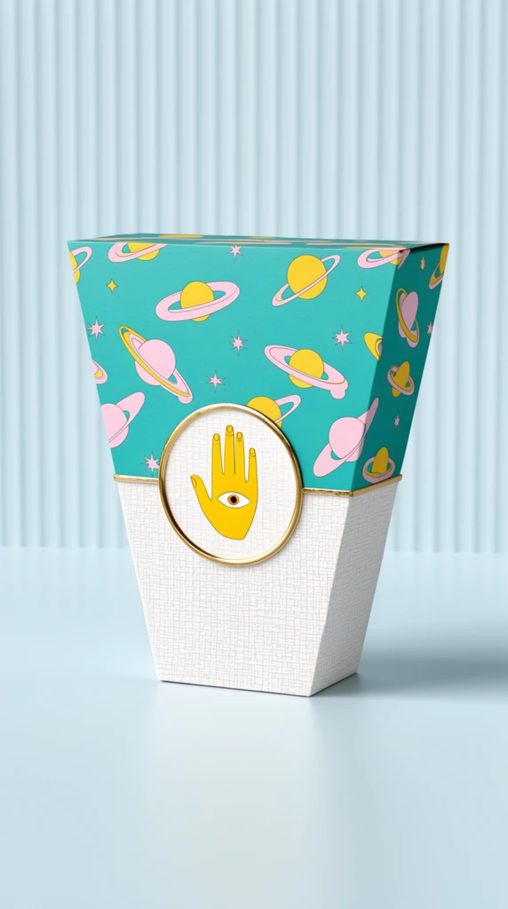 An inverted wedge-shaped box standing on its narrow base against a pale, vertically ribbed blue background. The upper half is teal with pastel pink and yellow retro space motifs, separated by a gold trim from the woven white lower half. A central gold-rimmed medallion displays a yellow hand with an eye in the palm. Soft studio lighting casts a gentle rightward shadow on the smooth surface, emphasizing a clean, modern 3D product rendering style.