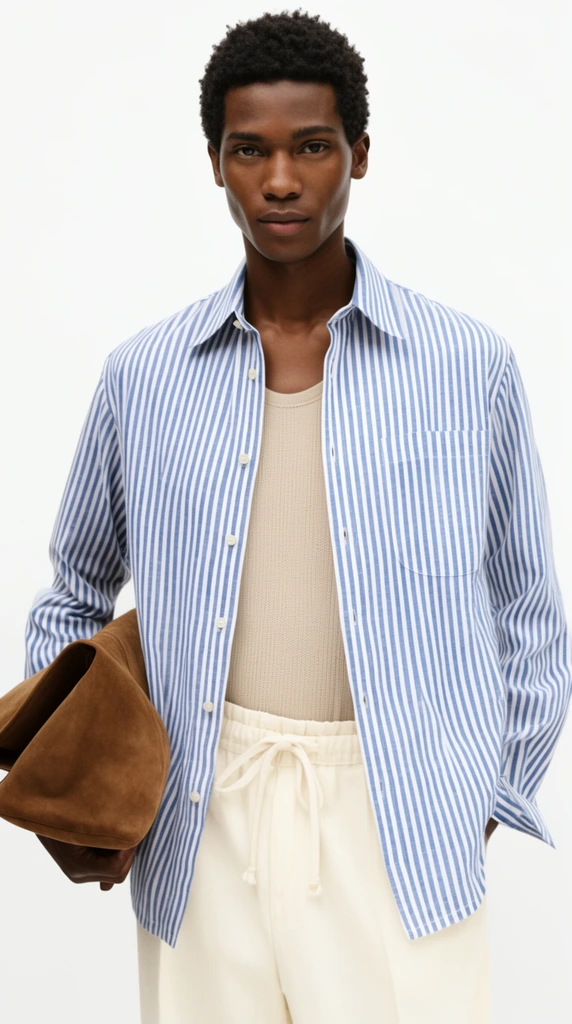 A Black man with short textured hair stands against a stark white studio backdrop. He wears an unbuttoned blue-and-white vertically striped shirt over a beige ribbed tank top and cream drawstring trousers, tucking a folded brown suede bag under his right arm. This crisp fashion editorial mid-shot utilizes high-key, minimalist lighting.