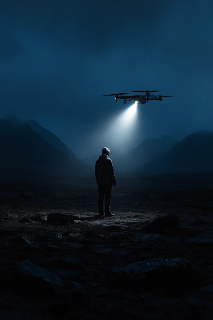 solitary person in dark rugged landscape, hovering drone casting intense white spotlight, distant mountain silhouettes, hazy night sky, deep moody blues, heavy shadows, cinematic wide shot