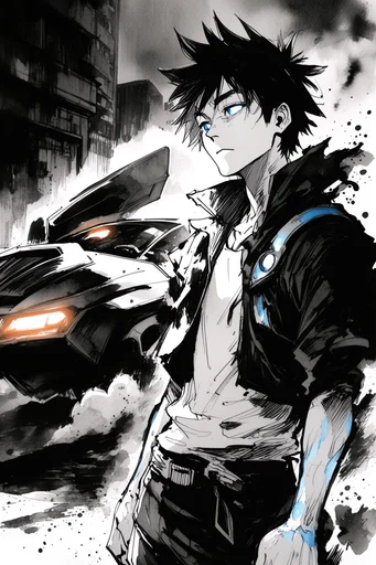 Cinematic Monochrome Noir style reference image — high-contrast manga ink