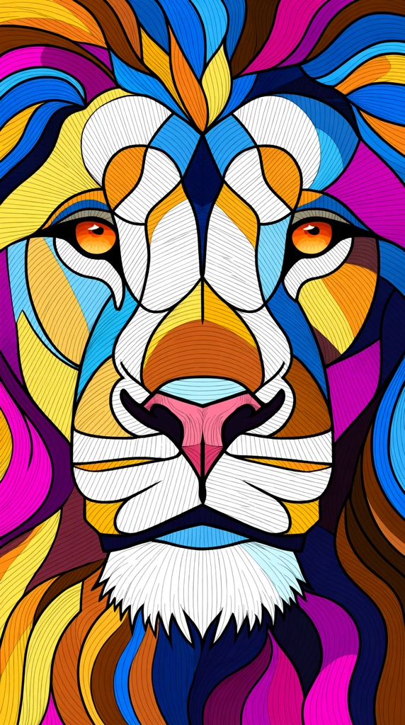 close-up geometric lion face, segmented mosaic design, thick black outlines, white facial plates with fine hatching, intense orange eyes, pink angular nose, vibrant flowing mane in blue yellow magenta and brown, intricate parallel line textures, detailed vector illustration style