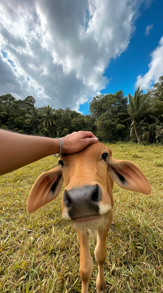 A first-person perspective photograph of a human hand petting a light brown calf in a grassy pasture. The hand extends from the left frame, wearing a silver chain bracelet, to gently touch the calf's forehead. The young cow has a dark snout, large floppy ears, and stares directly into the wide-angle camera lens. The surrounding landscape features coarse green and yellow grass leading to a dense background of lush trees and tropical palms. A vibrant blue sky holds expansive, dramatic white and grey clouds illuminated by bright natural sunlight.